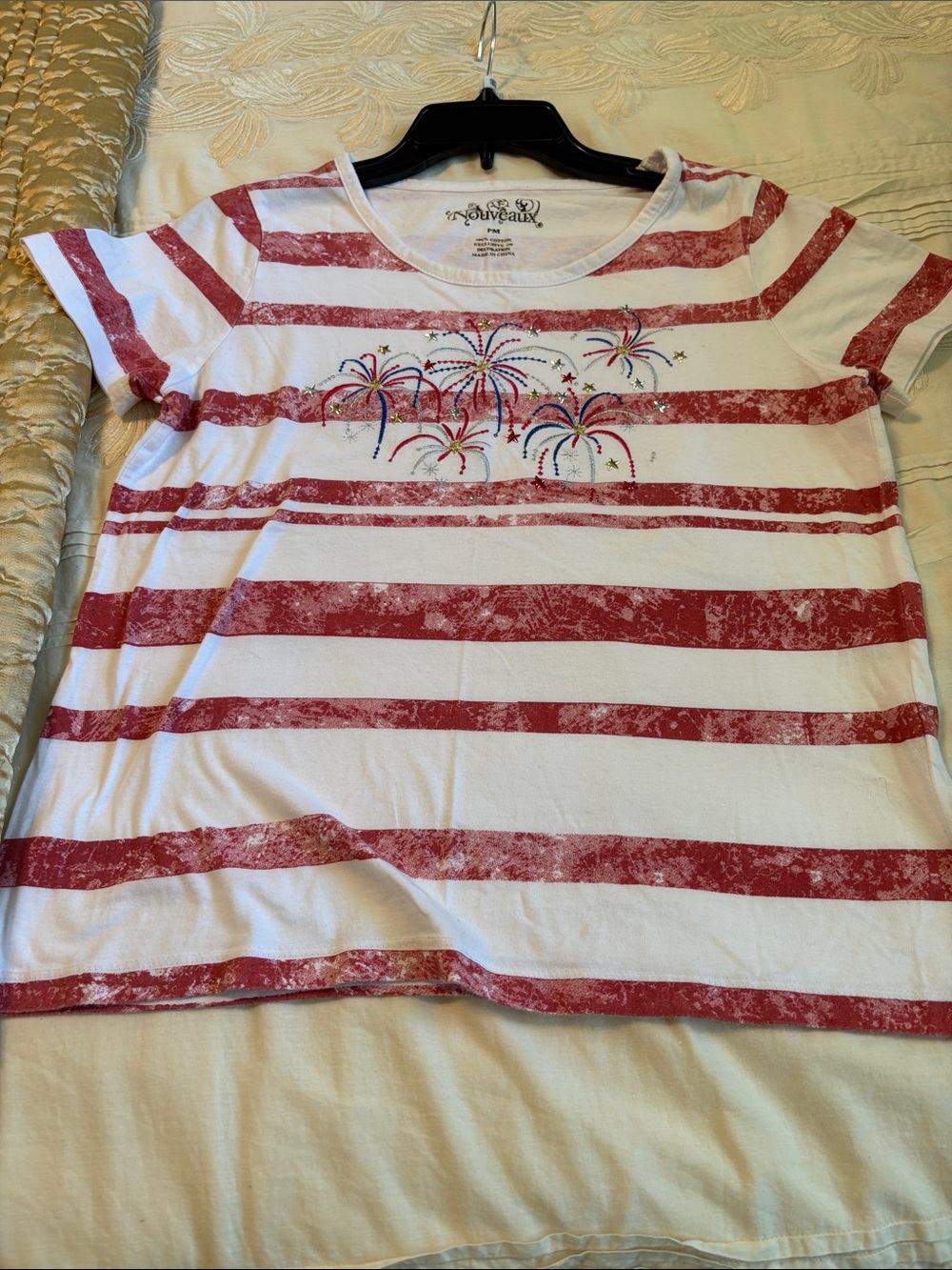 Ladies Red & White Striped Firework Embroidered Tee by Nouveau